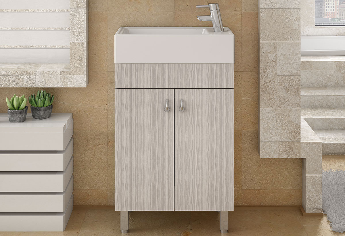 Απεικονίζεται ο πάγκος και ο νιπτήρας του επίπλου μπάνιου